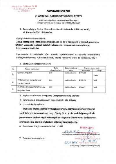 Rozstrzygnięcie zapytania ofertowego- laptop